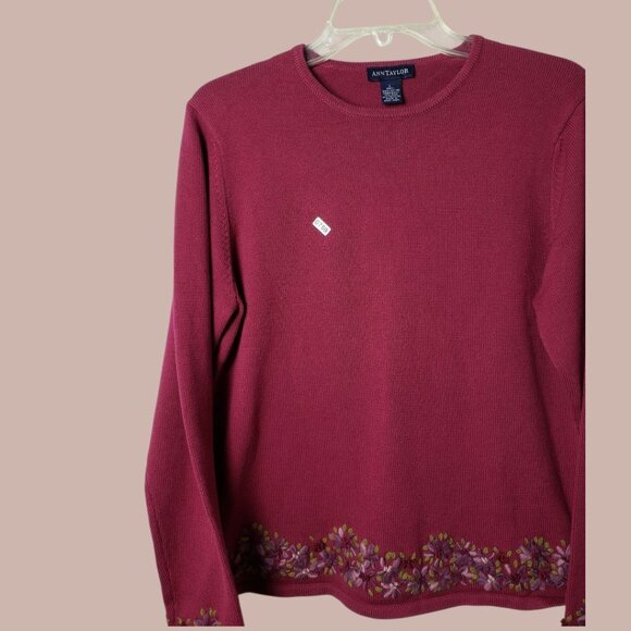 Ann Taylor Womens Embroidered Floral Knit Sweater fuschia Large - Picture 9 of 9